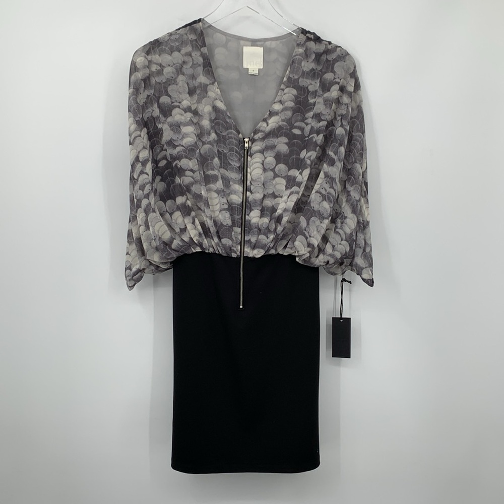 Line & Dot shift dress gray chiffon circle voluminous black straight skirt new S